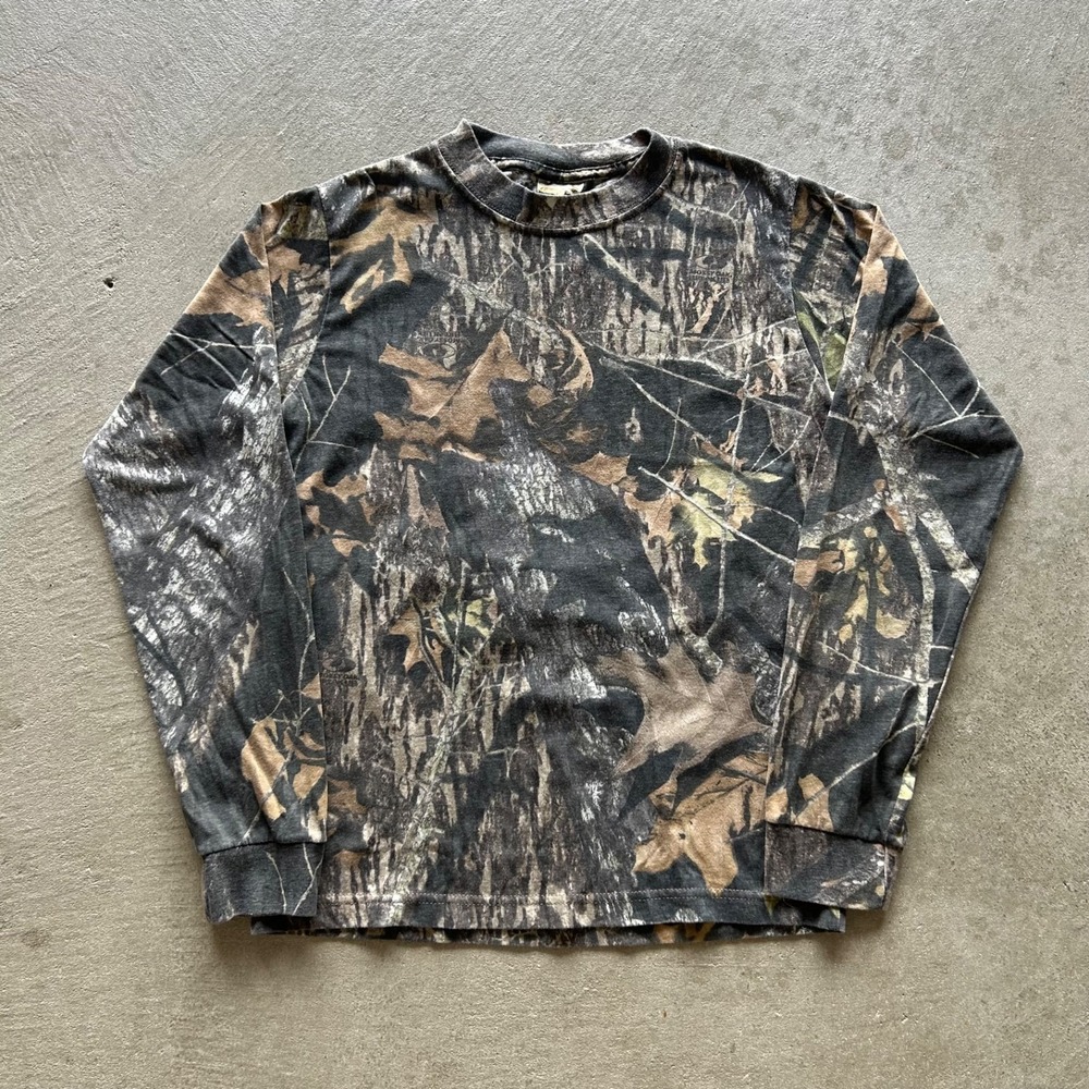 Vintage 90s Mossy Oak Real Tree Camo Long Sleeve Shirt Size Small Brown Hunting